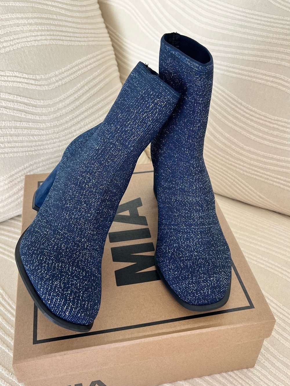 MIA Navy Metallic Knit Sock Ankle Boots